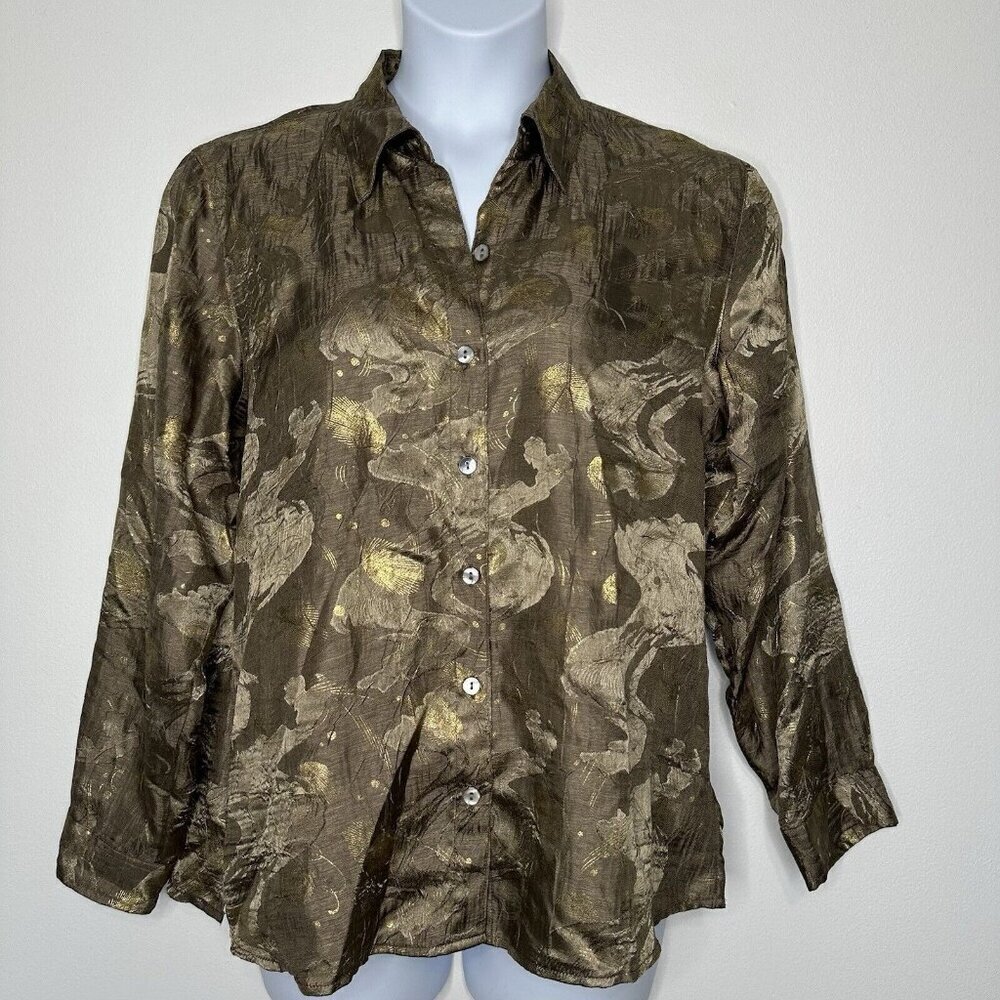Chicos Button up Shirt Metallic Brocade Size L